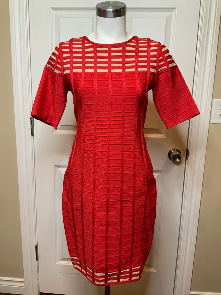 Herve Leger Giselle Red Ribbed Bandage Mini Pencil Dress W/ Short Sleeve